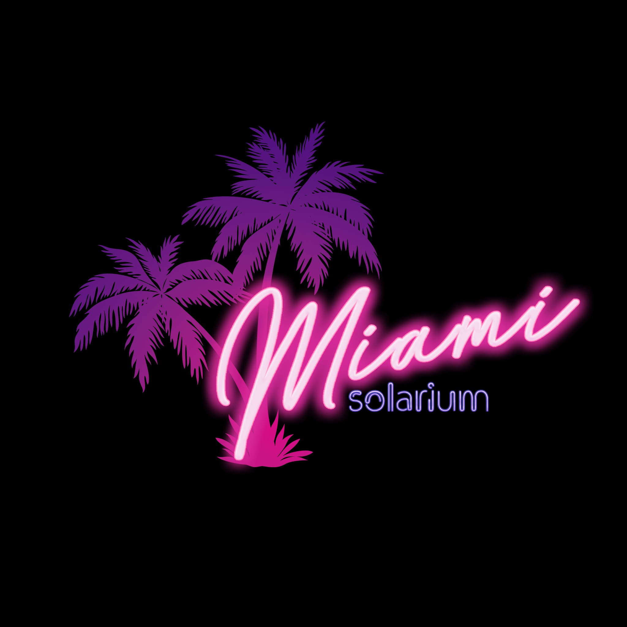 Neonowy znak z fioletowymi palmami i różowym napisem 'Miami solarium' na czarnym tle.