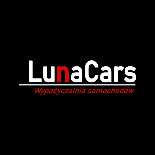 Logo LunaCars z czerwonym 'na' na czarnym tle, pod logotypem napis 'Wypożyczalnia samochodów' w kolorze czerwonym, oddzielony białą linią.