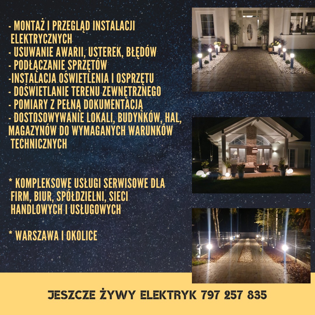 Iluminacja posesji nocą: ścieżka oświetlona lampami ogrodowymi prowadząca do domu z podświetloną fasadą i tarasem.