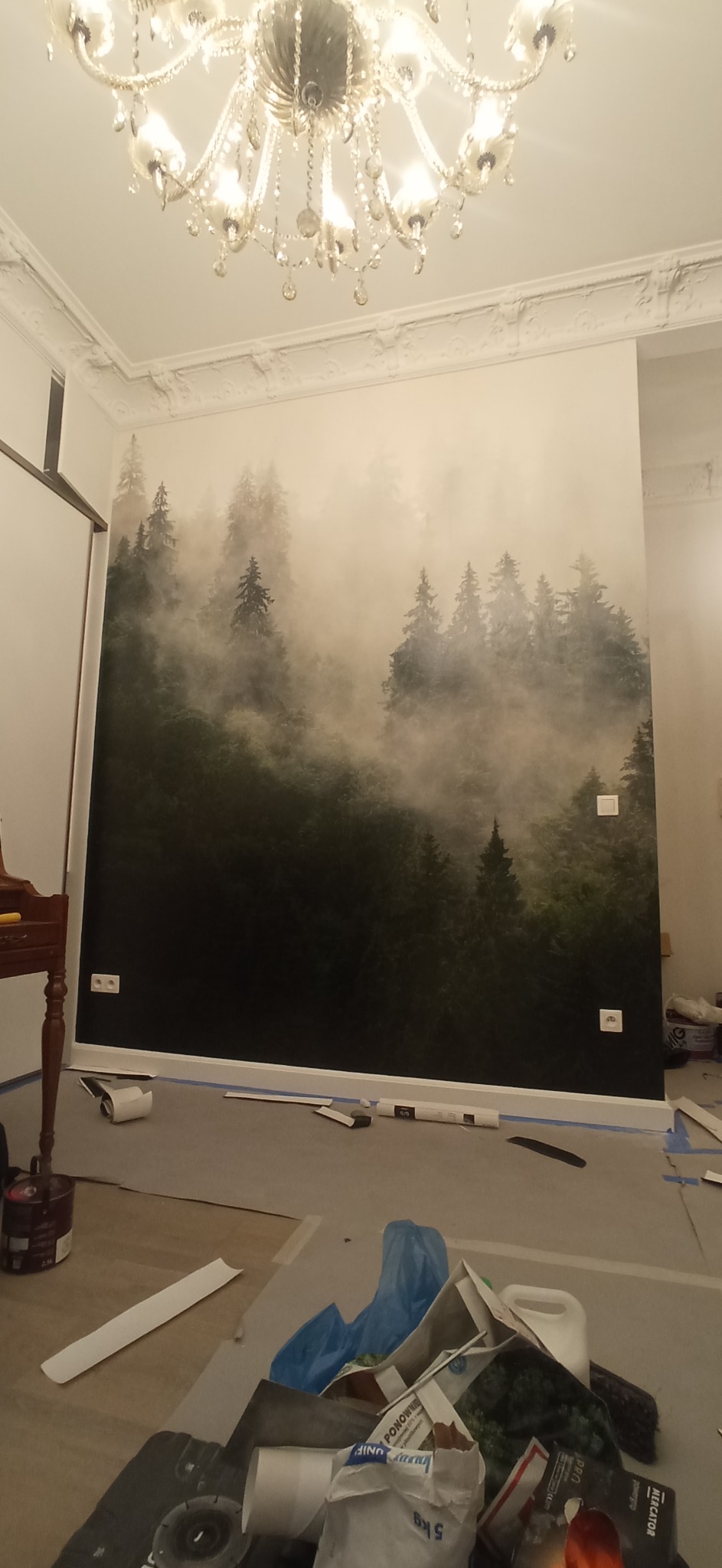 Pokój z fototapetą przedstawiającą mglisty las, widoczny sufit z ozdobnym gzymsem i kryształowym żyrandolem, podłoga zabezpieczona folią malarską, resztki materiałów i narzędzi po montażu fototapety.