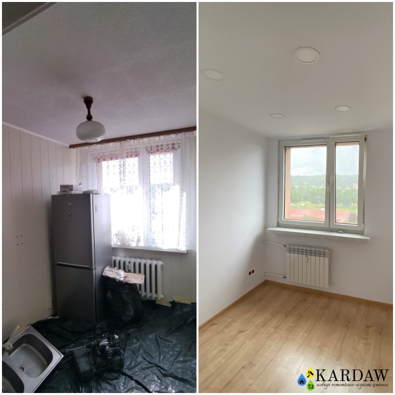 Porównanie stanu pokoju przed i po: po lewej pokój przed remontem z ciemną podłogą, starą lampą i zasłonami, po prawej pokój po remoncie z jasnymi ścianami, panelami, oknem PCV i oświetleniem...