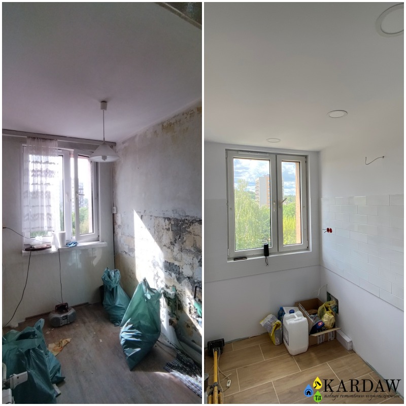 Porównanie stanu pokoju przed i po: zdemontowane tapety, odsłonięta cegła, worki na gruz kontra świeżo położone płytki, gładkie ściany i nowe panele podłogowe.