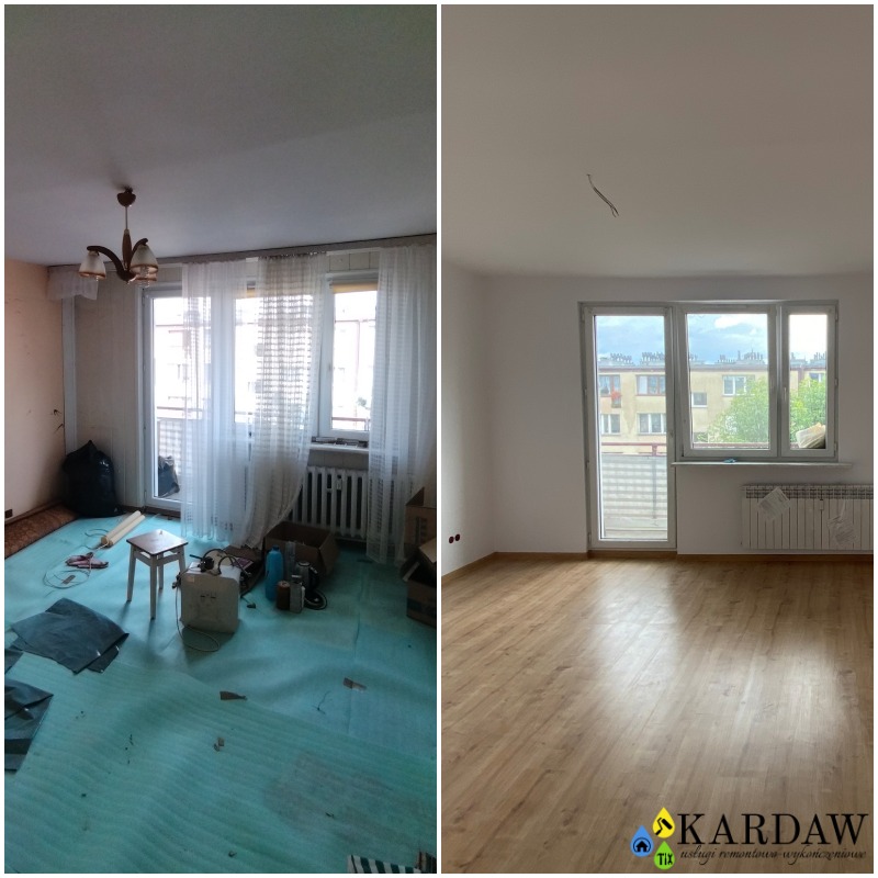 Porównanie 'przed' i 'po' pokoju: po lewej pokój w trakcie prac przygotowawczych z zabezpieczoną podłogą, narzędziami i workiem na śmieci, po prawej pokój po zakończeniu prac, z nową podłogą...