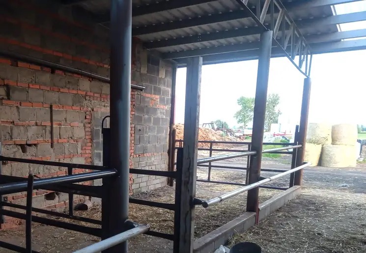 Wnętrze hali z konstrukcją stalową i metalowymi barierami, widoczne bele siana na zewnątrz, ściany z cegieł i betonowych bloków.