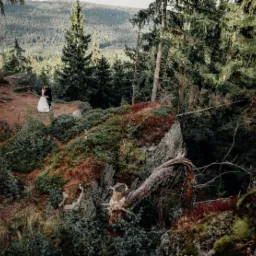 Para młoda w górskim lesie, delikatne światło, naturalne otoczenie, widok z góry, romantyczna sceneria.