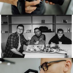 Elmossmovie Marlena Boluk - Ujęcia zza kulis pracy na planie filmowym: operator kamery z profesjonalnym sprzętem Sony FX6 w zbliżeniu, w tle czarno-białe zdjęcie ekipy podczas przerwy na posiłek.