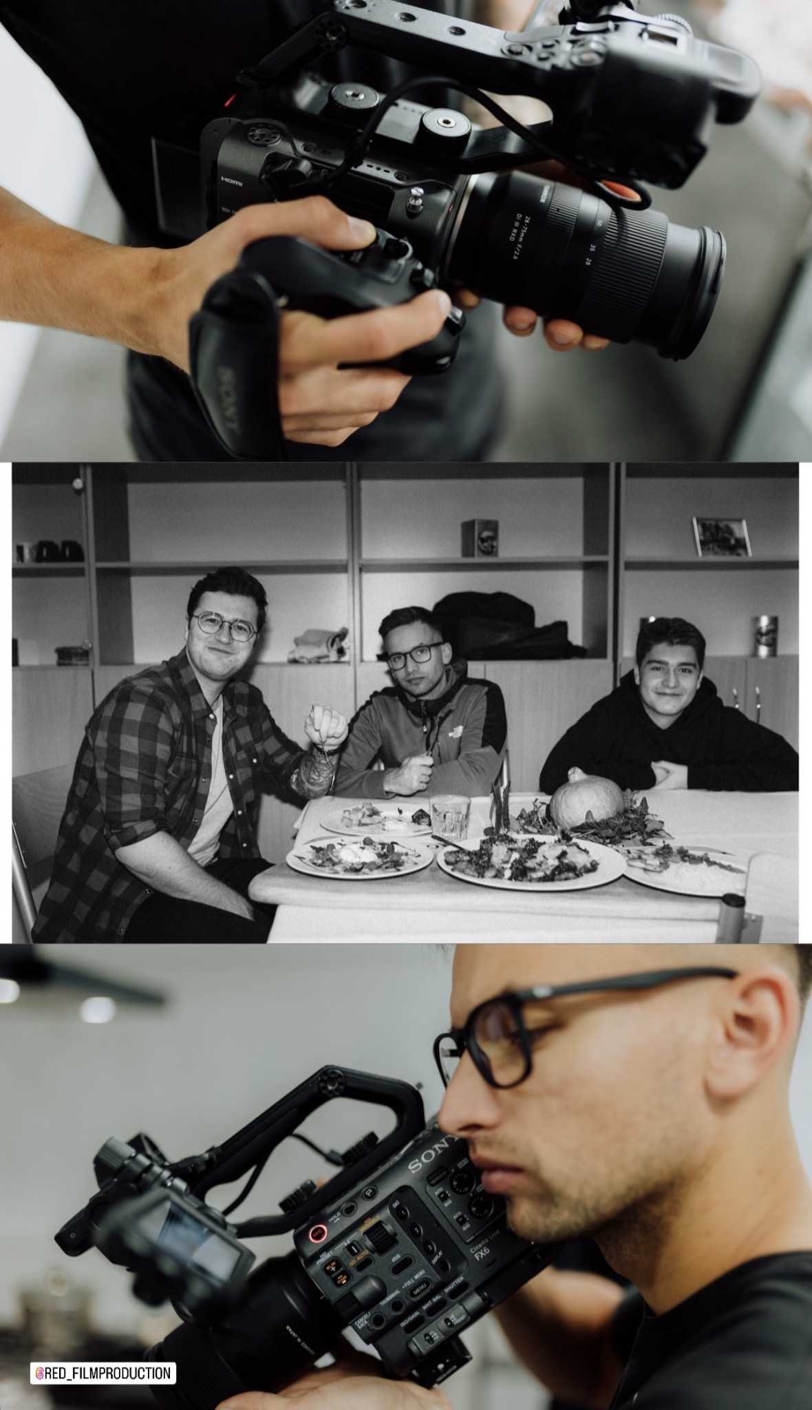 Ujęcia zza kulis pracy na planie filmowym: operator kamery z profesjonalnym sprzętem Sony FX6 w zbliżeniu, w tle czarno-białe zdjęcie ekipy podczas przerwy na posiłek.