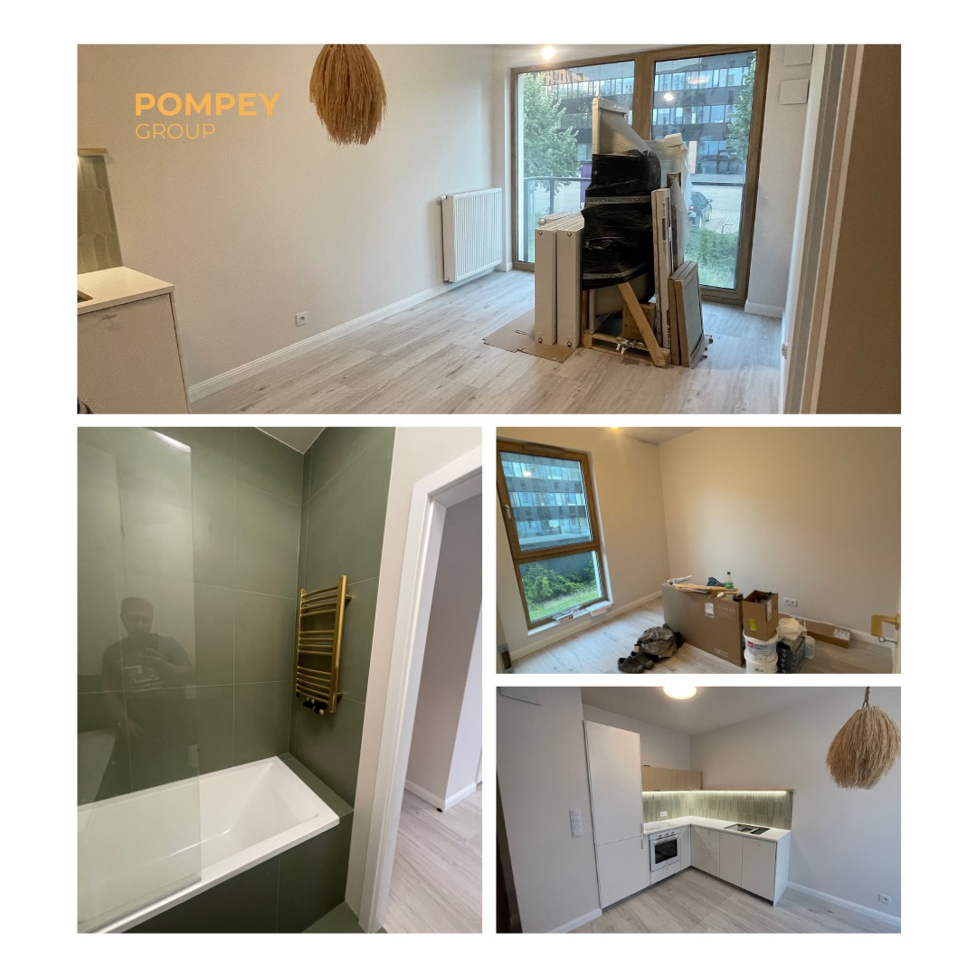 Wnętrze mieszkania po remoncie: salon z oknem, łazienka z wanną i grzejnikiem, kuchnia z białymi szafkami. Widoczne elementy wyposażenia i wykończenia.