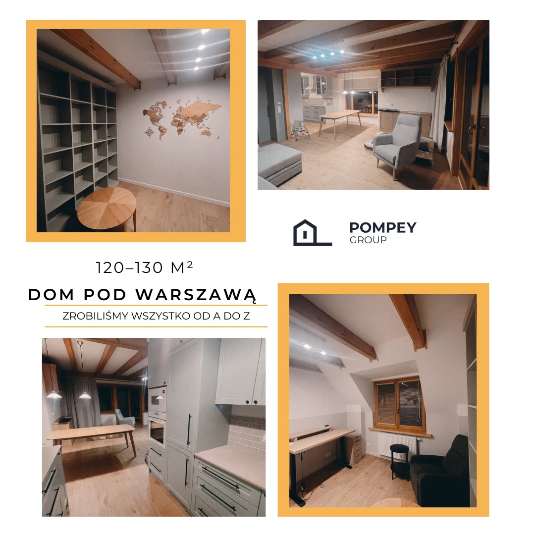 Wnętrze domu po remoncie: zabudowa regałowa z mapą świata, salon z szarą sofą, kuchnia z szarymi szafkami i poddasze z biurkiem i fotelem. Drewniane belki stropowe.