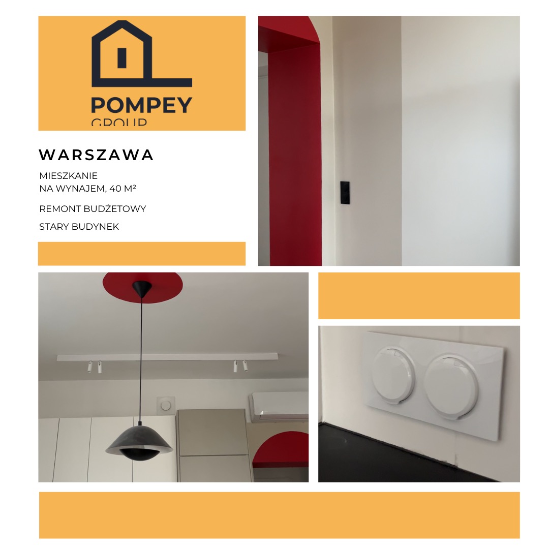 Wnętrze po remoncie: czerwone akcenty w odnowionym mieszkaniu w Warszawie. Nowoczesna lampa, białe ściany i detale wykończeniowe. Budżetowy remont w starym budynku.