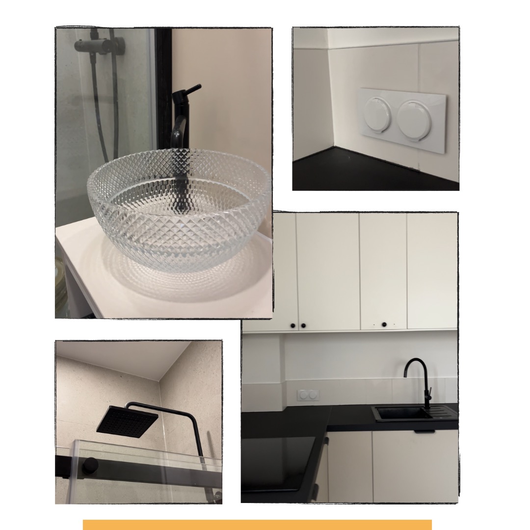 Nowoczesna łazienka z kryształową umywalką, czarną armaturą i kabiną prysznicową typu walk-in. Białe szafki i minimalistyczne detale tworzą elegancki wystrój.