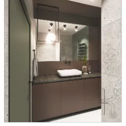 Wizualizacja łazienki z brązowymi szafkami pod umywalką, lustrem z czarną ramą i szarą ścianą z dekoracyjnymi elementami. Oświetlenie punktowe na suficie.