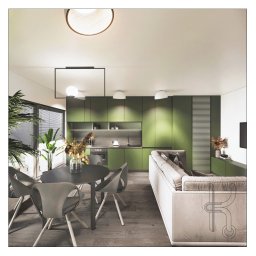 Korilla Studio - Wizualizacja wnętrza mieszkania: zielona kuchnia z szarym blatem, okrągły stół z szarymi krzesłami i biała sofa w salonie, nowoczesne oświetlenie sufitowe.