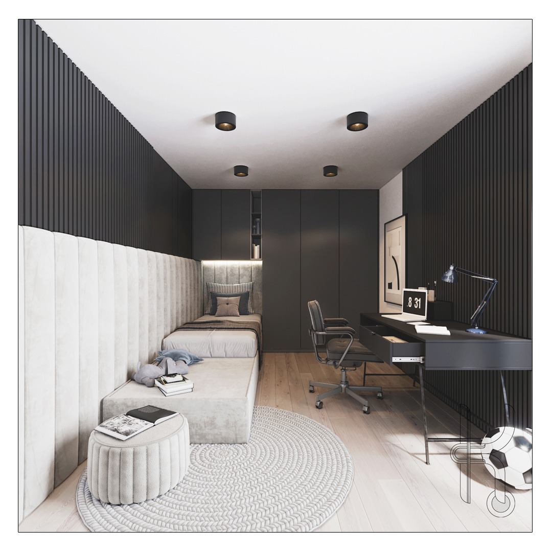 Wizualizacja pokoju młodzieżowego: szare panele ścienne, łóżko z tapicerowanym wezgłowiem, biurko z lampką i komputerem, okrągły dywan, pufa, piłka nożna.