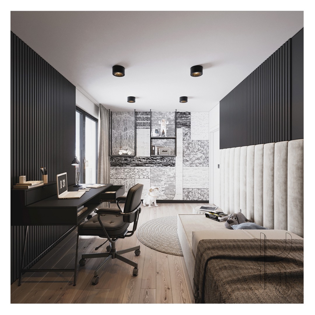 Nowoczesne wnętrze pokoju z czarnymi panelami ściennymi, biurkiem z laptopem, wzorzystą ścianą z półkami, jasną sofą i buldogiem francuskim