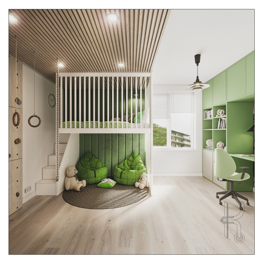 Pokój dziecięcy z łóżkiem na antresoli, ścianką wspinaczkową i zielonymi pufami w kształcie gruszek, oświetlony lampą wiszącą w stylu skandynawskim.