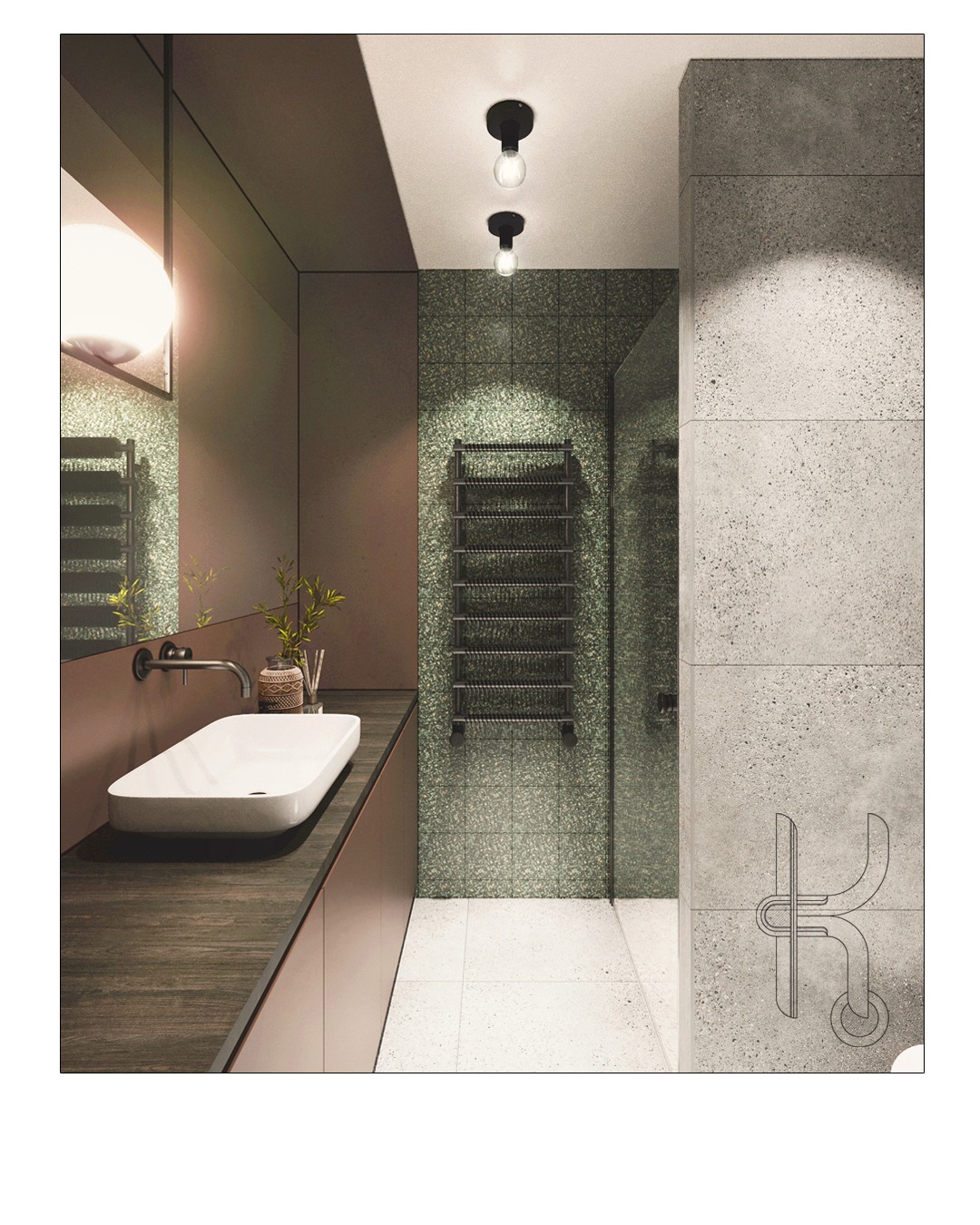 Nowoczesna łazienka z umywalką nablatową, drewnianym blatem, zieloną mozaiką na ścianie pod prysznicem i szarym betonem architektonicznym, oświetlona trzema punktowymi lampami sufitowymi.