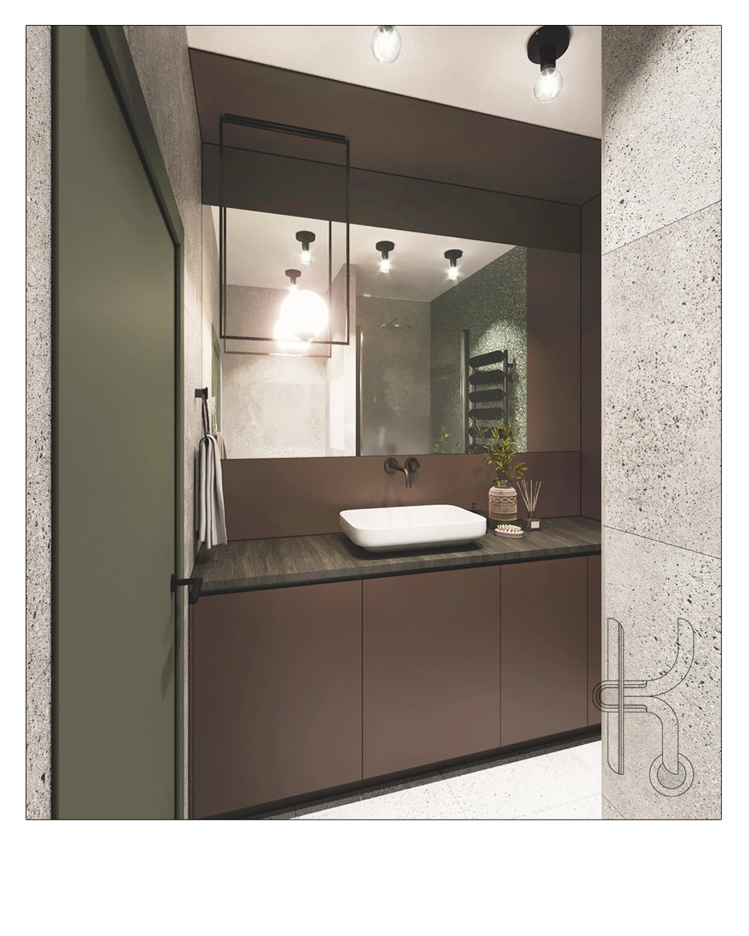 Wizualizacja łazienki z brązowymi szafkami pod umywalką, lustrem z czarną ramą i szarą ścianą z dekoracyjnymi elementami. Oświetlenie punktowe na suficie.