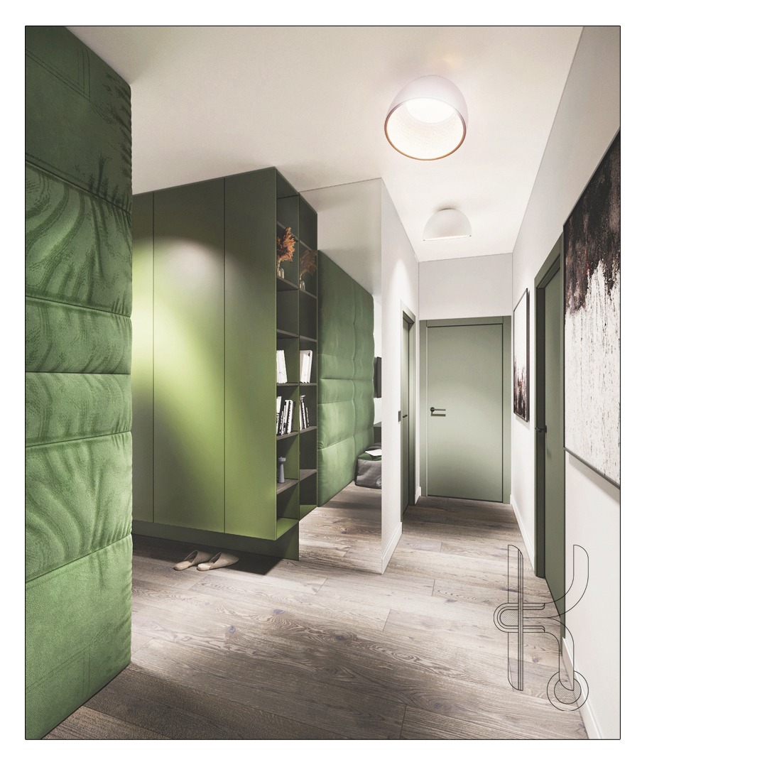 Wizualizacja korytarza we Wrocławiu z zielonymi panelami ściennymi, zabudową meblową z półkami na książki i drewnianą podłogą, oświetlonego okrągłymi lampami sufitowymi.