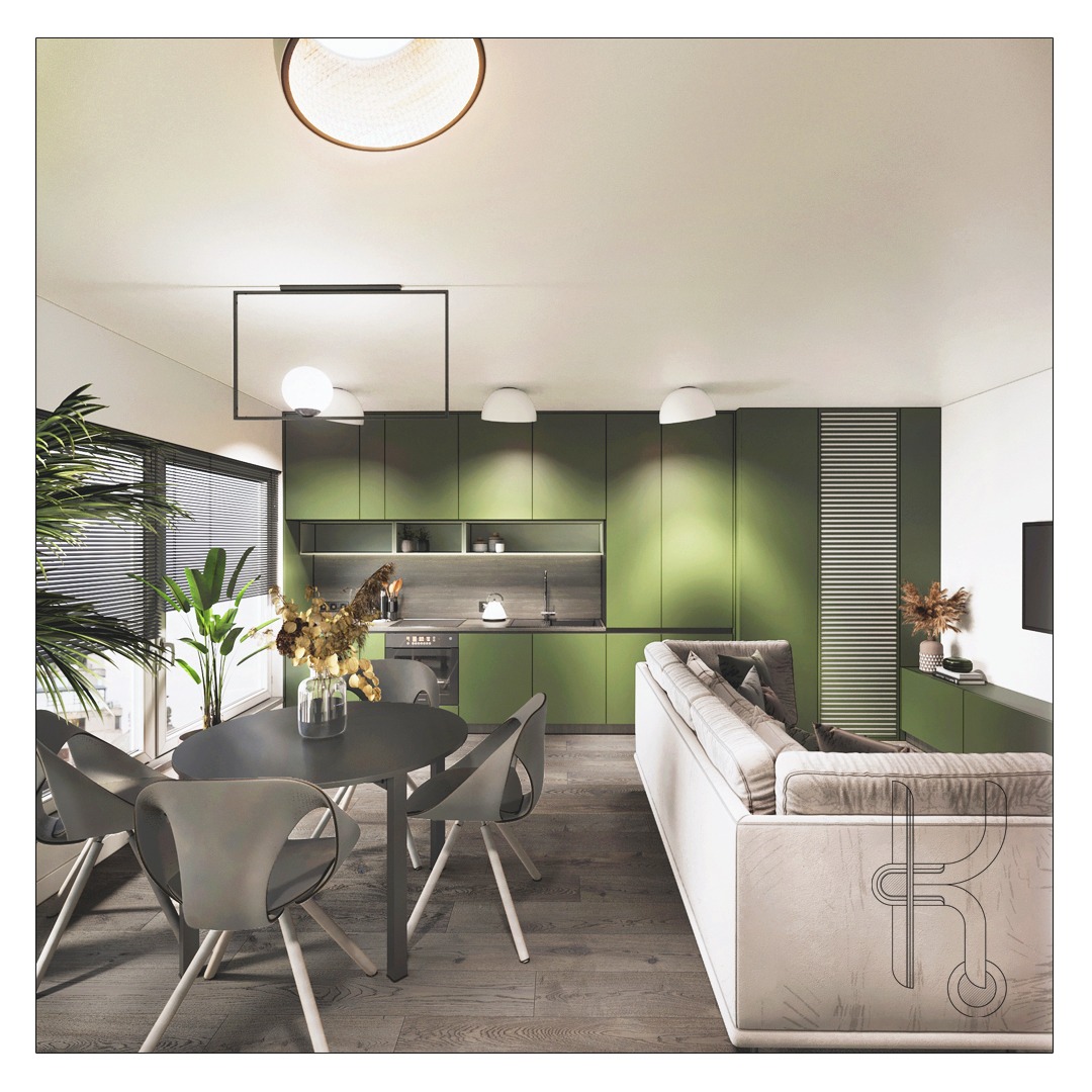 Wizualizacja wnętrza mieszkania: zielona kuchnia z szarym blatem, okrągły stół z szarymi krzesłami i biała sofa w salonie, nowoczesne oświetlenie sufitowe.