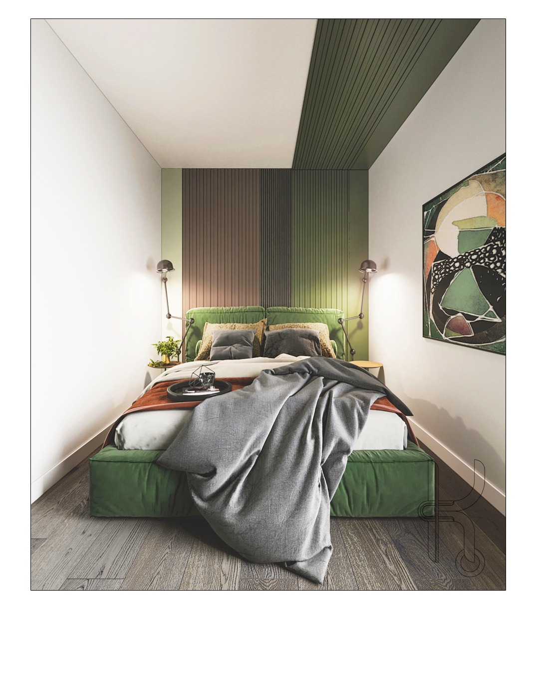 Nowoczesna sypialnia z platformą zamiast ramy łóżka, zielonym zagłówkiem, szarą narzutą i abstrakcyjnym obrazem na ścianie.