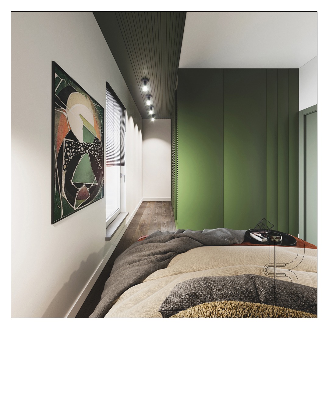 Nowoczesna sypialnia z zieloną ścianą, abstrakcyjnym obrazem i drewnianą podłogą, widok z perspektywy niskiego kąta na łóżko z beżową pościelą i szarym kocem.