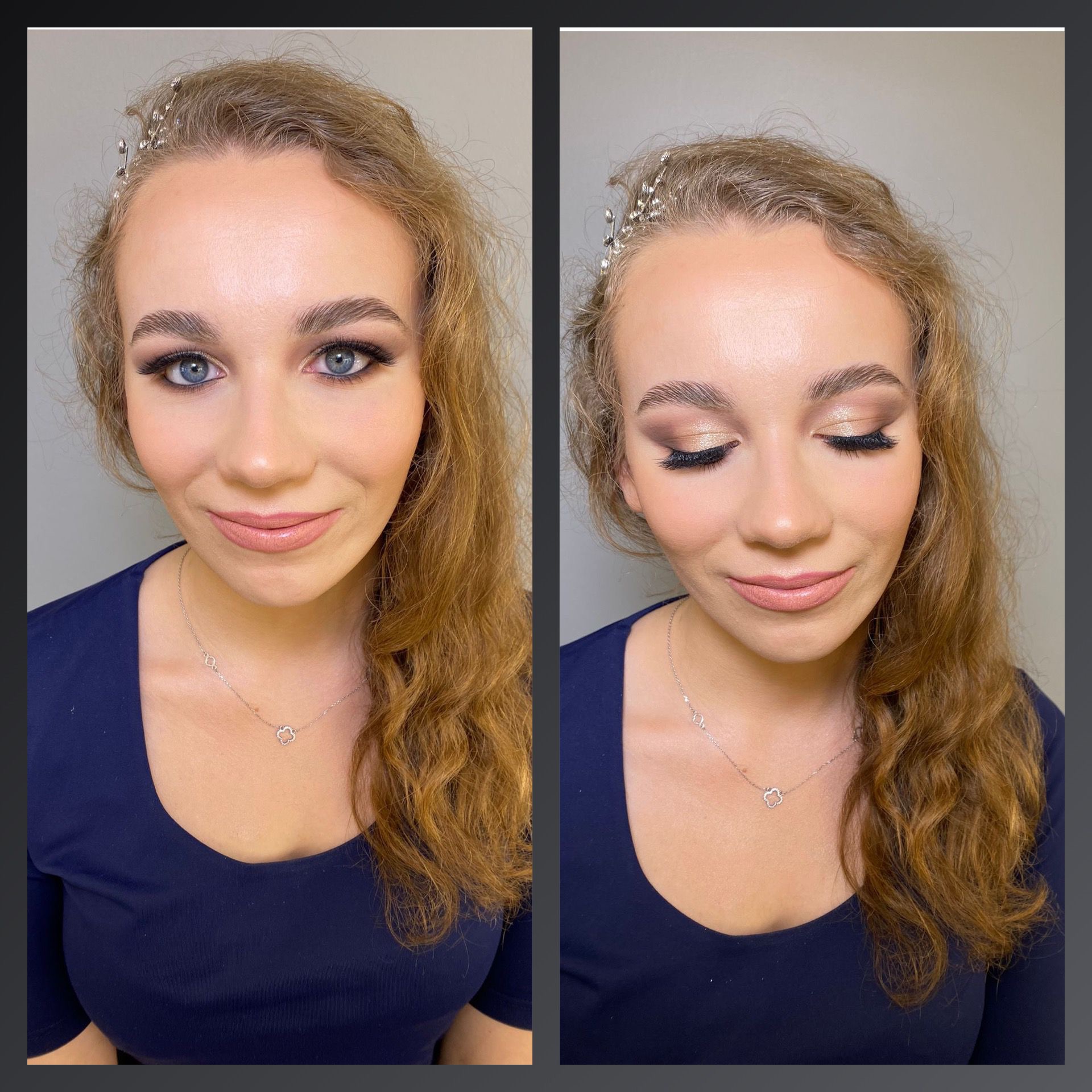 Portret kobiety z delikatnym makijażem ślubnym, z otwartymi i zamkniętymi oczami, z widoczną biżuterią we włosach i na szyi, na jednolitym szarym tle.