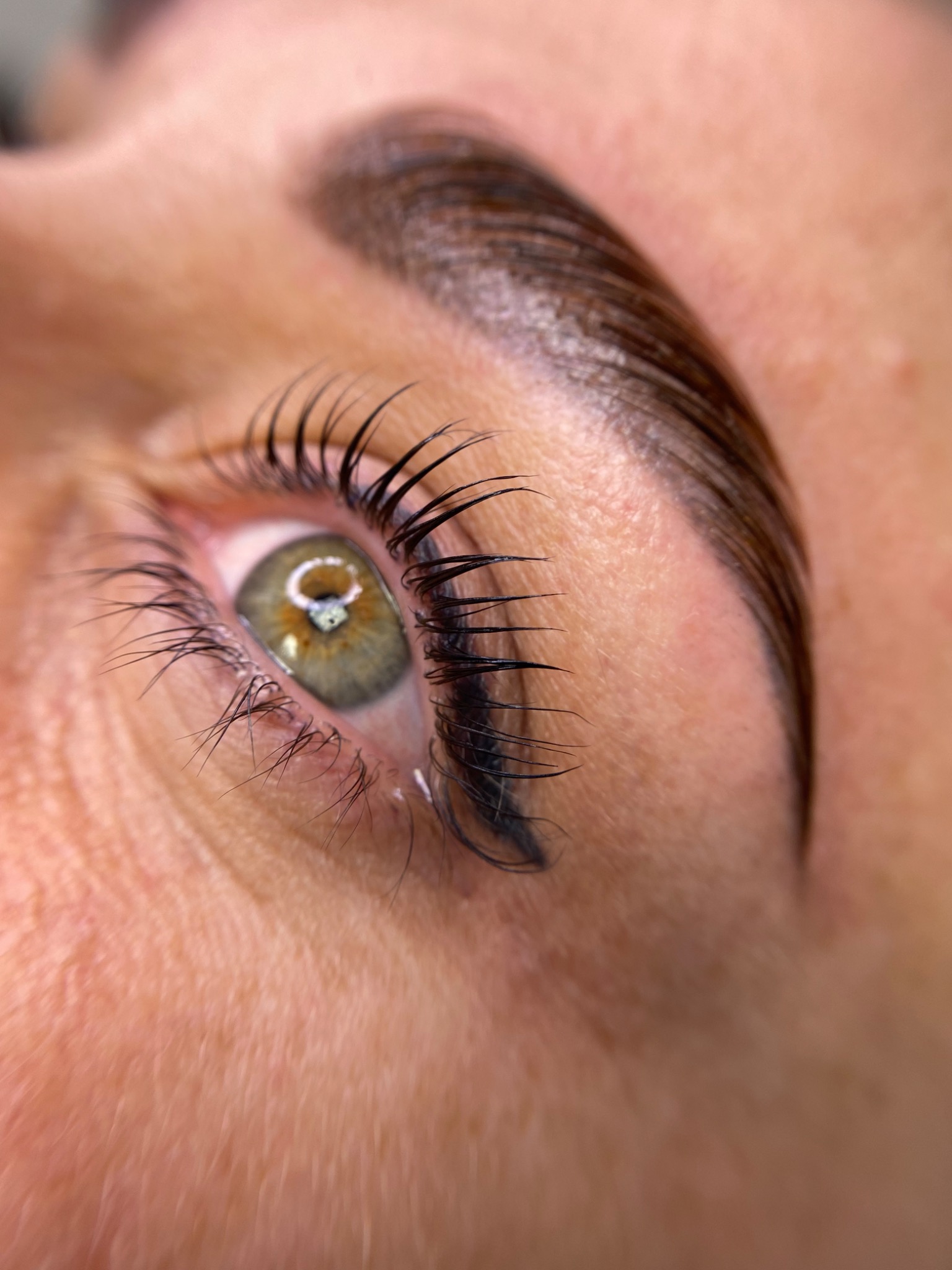 Zbliżenie na oko z widocznymi, świeżo po zabiegu uniesionymi i pofarbowanymi rzęsami oraz wystylizowanymi brwiami.