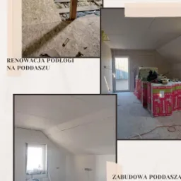 Poddasze w trakcie prac wykończeniowych: widoczna izolacja, płyty gipsowo-kartonowe, instalacje i elementy konstrukcyjne, w tym drewniany słup podtrzymujący, okno dachowe, oraz materiały budowlane...