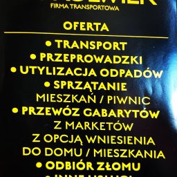 Witam Wszystkich 🖐 🖐 🖐  
Zajmuję Się Transportem.
Transport rzeczy, mebli, sprzętu AGD. 
OPRÓŻNIANIE MIESZKAŃ I PIWNIC.
Wywóz starych mebli. 
Wywóz śmieci po budowie. 
SPROWADZANIE MEBLI ZE SKLEPÓW