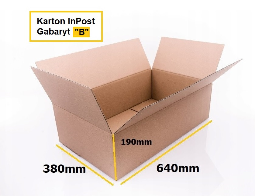 Otwarty karton InPost gabaryt B z podanymi wymiarami 640mm x 380mm x 190mm, widok z góry na białym tle.