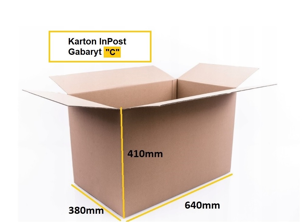 Karton klapowy InPost o wymiarach 380mm x 640mm x 410mm, gabaryt C, otwarty, na białym tle.