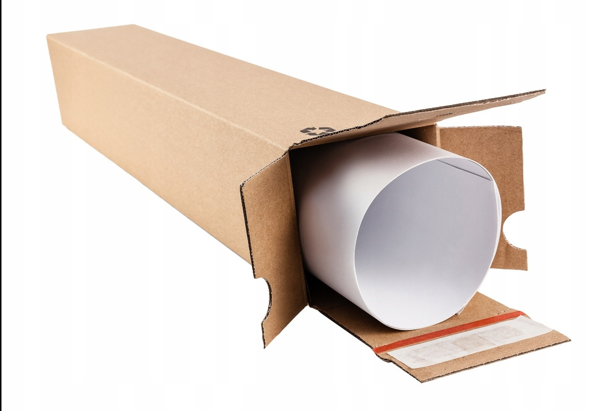 Otwarty kartonowy tubus z widocznym białym zwiniętym arkuszem wewnątrz, zabezpieczony taśmą z perforacją.