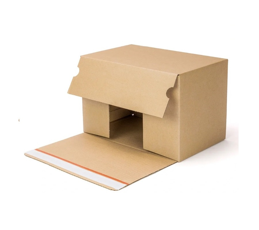 Otwarty, tekturowy karton klapowy z widoczną taśmą zabezpieczającą na klapie, na białym tle.