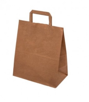 Brązowa, papierowa torba z płaskim uchwytem, ustawiona pod kątem na białym tle.