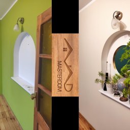 MasterDom - Porównanie stanu pokoju PRZED i PO. Po lewej stronie widoczny pokój z zielonymi ścianami i drewnianą podłogą, po prawej stronie pokój z kremowymi ścianami, półokrągłą wnęką z dekoracjami i nowym...