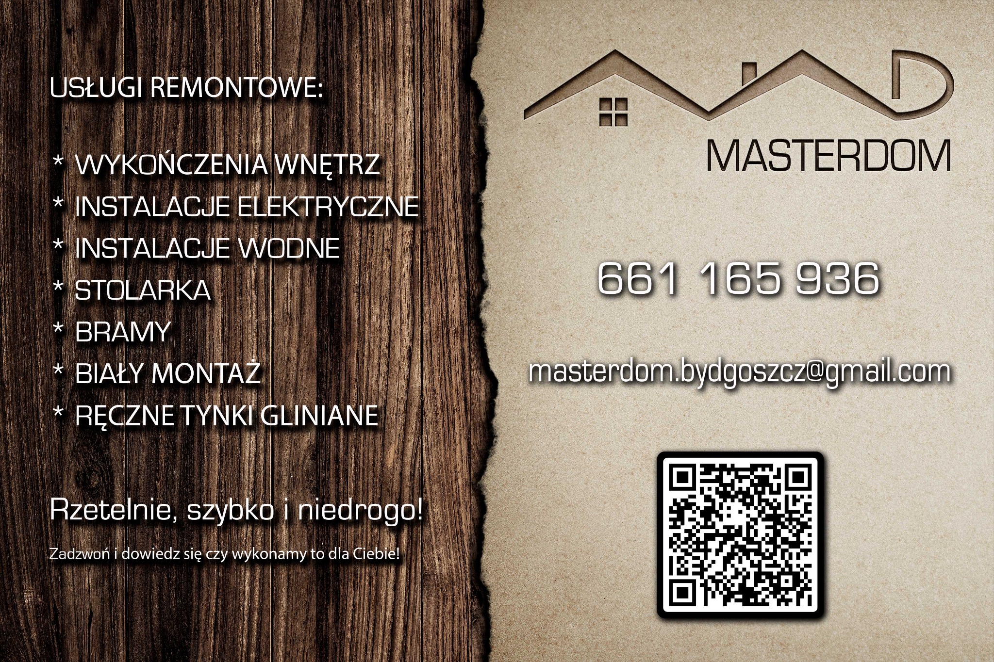 Grafika reklamowa firmy Masterdom z Bydgoszczy oferującej usługi remontowe, w tym wykończenia wnętrz, instalacje elektryczne i wodne, stolarkę, bramy, biały montaż i ręczne tynki gliniane,...