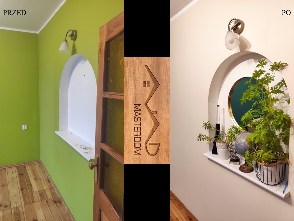 Porównanie stanu pokoju PRZED i PO. Po lewej stronie widoczny pokój z zielonymi ścianami i drewnianą podłogą, po prawej stronie pokój z kremowymi ścianami, półokrągłą wnęką z dekoracjami i nowym...