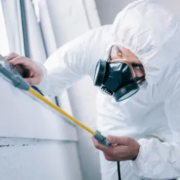 Osoba w białym kombinezonie ochronnym i masce gazowej aplikuje preparat za pomocą lancy z czerwoną końc&oacute;wką na ścianę przy oknie.