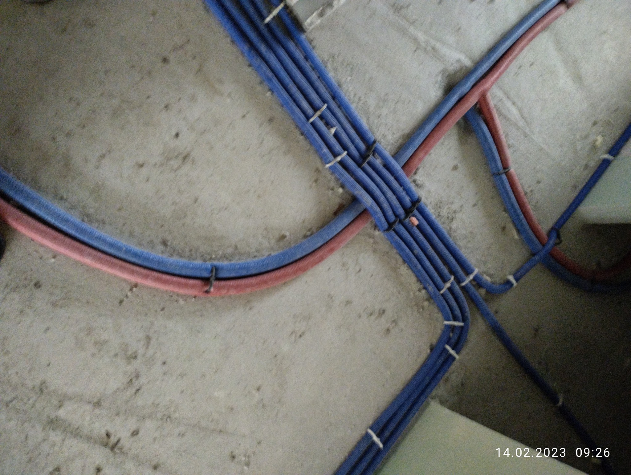 Układanie niebieskich i czerwonych peszli kablowych na surowym, betonowym suficie, zabezpieczonych białymi opaskami zaciskowymi.