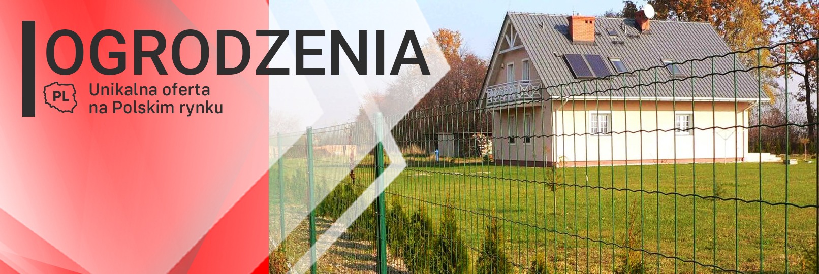 Grafika reklamowa prezentująca zielone ogrodzenie panelowe na tle domu z panelami słonecznymi na dachu, z elementami graficznymi i napisem 'Ogrodzenia'.