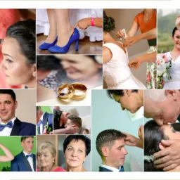 Kolaż zdjęć z przygotowań do ślubu: makijaż panny młodej, niebieskie buty, zapinanie sukni, para młoda, obrączki, rodzina.