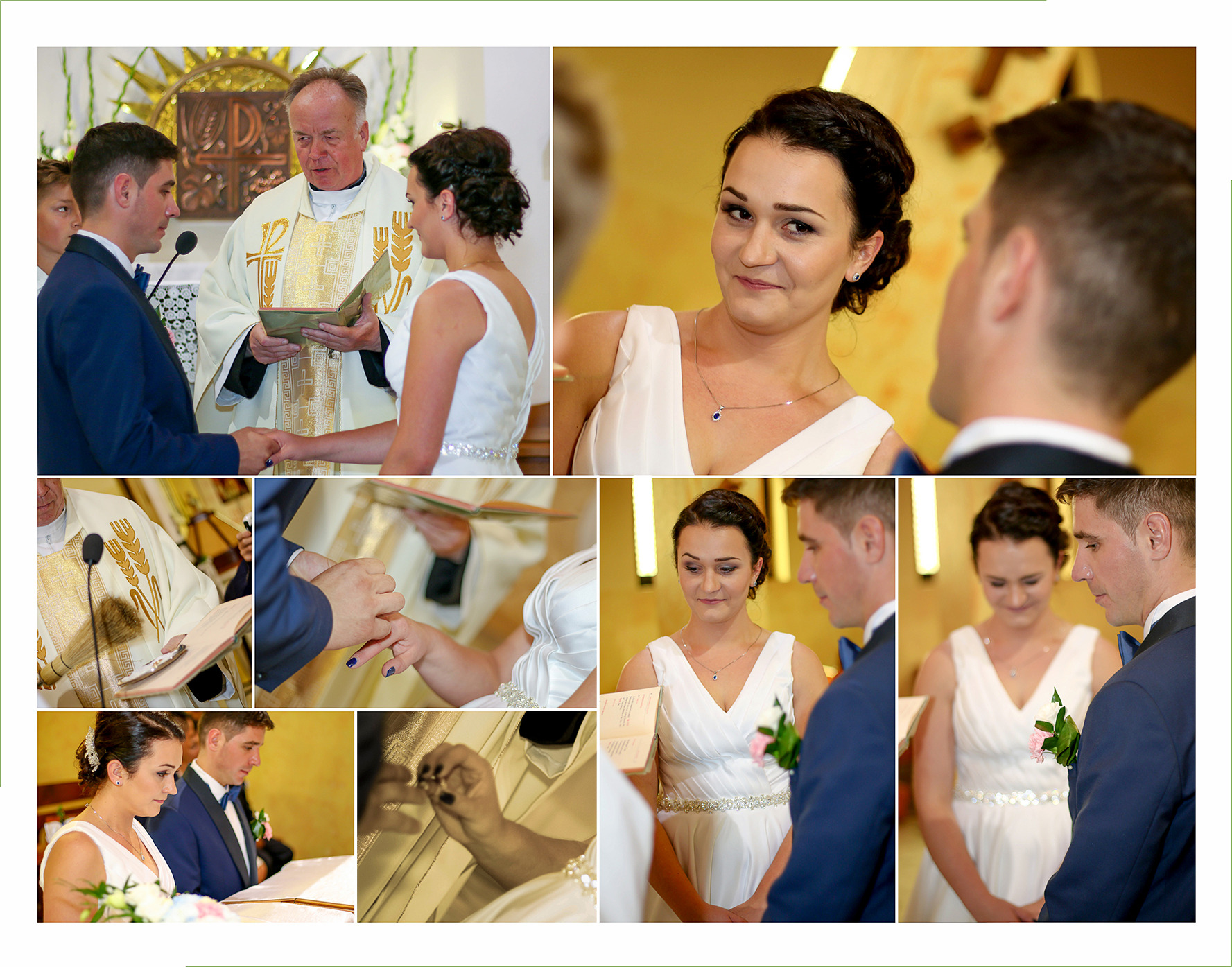 Kolaż zdjęć z ceremonii ślubnej w kościele: wymiana obrączek, uśmiechnięta panna młoda i ksiądz w ornacie.