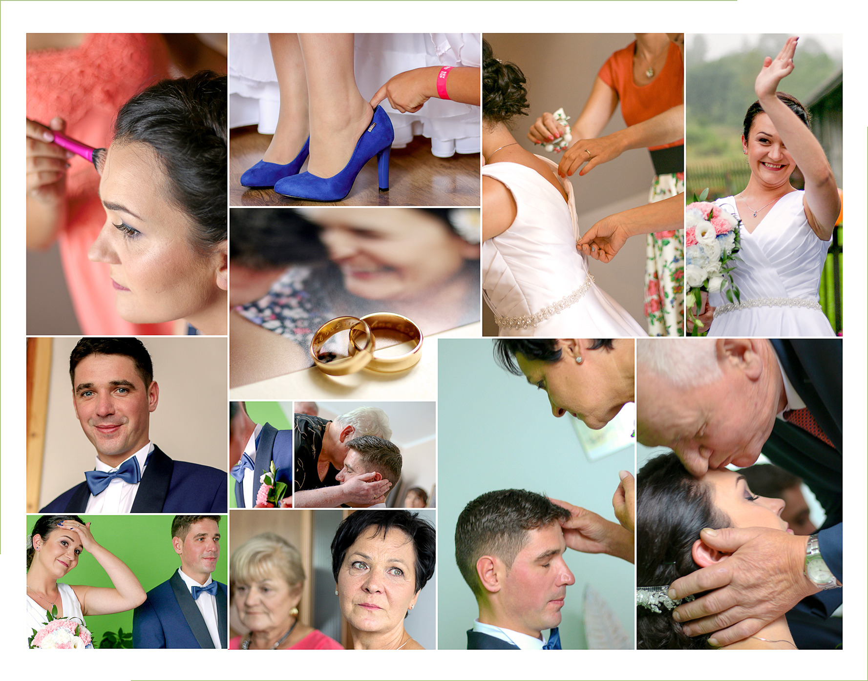 Kolaż zdjęć z przygotowań do ślubu: makijaż panny młodej, niebieskie buty, zapinanie sukni, para młoda, obrączki, rodzina.