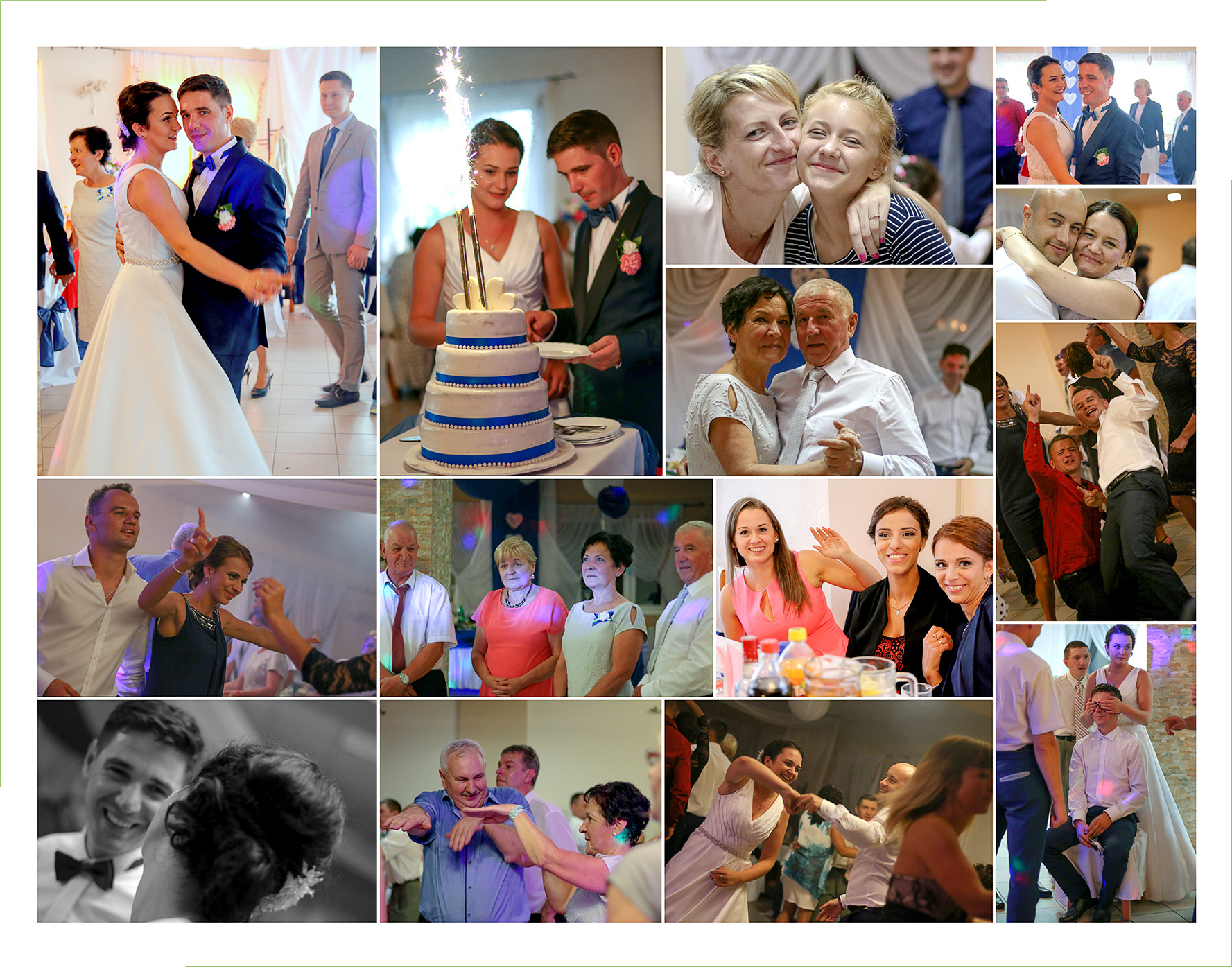 Kolaż zdjęć z uroczystości ślubnej: tańcząca para młoda, krojenie tortu z fontannami, portrety rodzinne, goście weselni podczas zabawy.