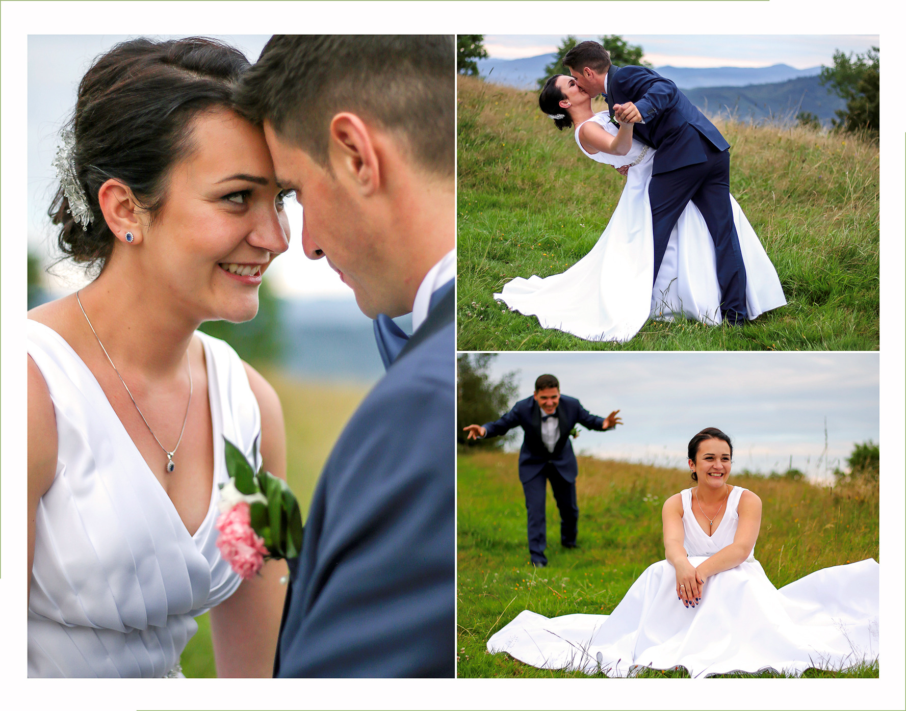 Kolaż zdjęć z uroczystości ślubnej w plenerze: zbliżenie uśmiechniętej panny młodej i pana młodego, para całująca się na tle gór oraz panna młoda siedząca na trawie z rozbawionym panem młodym w tle.
