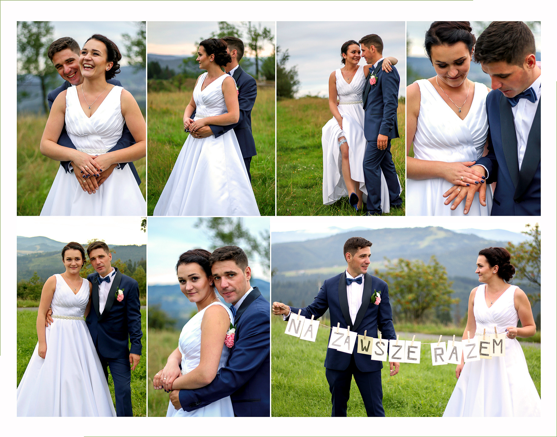 Kolaż z sesji ślubnej w plenerze: uśmiechnięta para młoda w różnych ujęciach na tle górskiego krajobrazu, w tym zbliżenie na dłonie z obrączkami i ujęcie z napisem 'Na zawsze razem'.