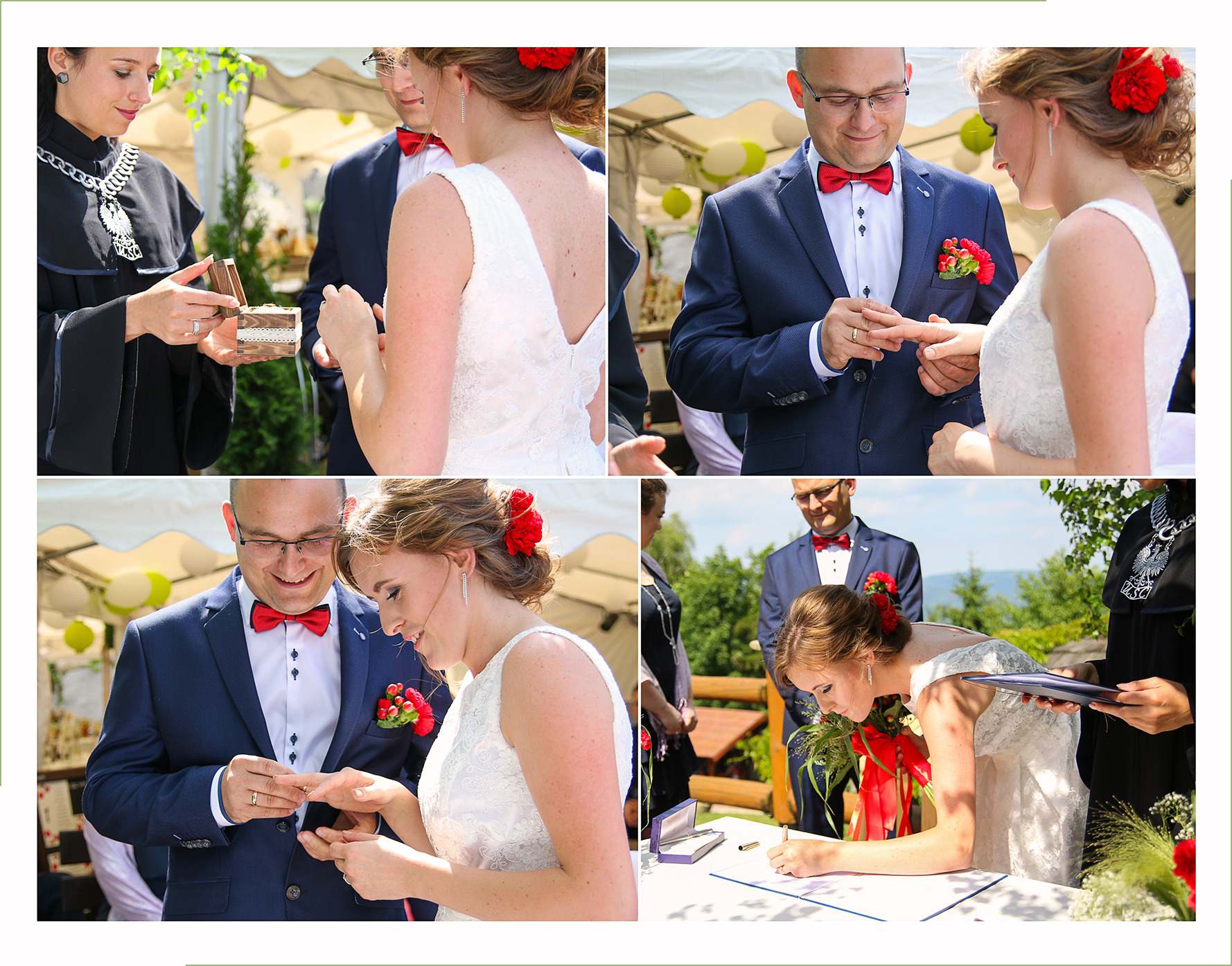 Kolaż ze ślubu plenerowego: wymiana obrączek przez parę młodą w granatowych strojach z czerwonymi dodatkami, urzędnik w todze z łańcuchem, podpisywanie dokumentów na białym stole z widokiem...