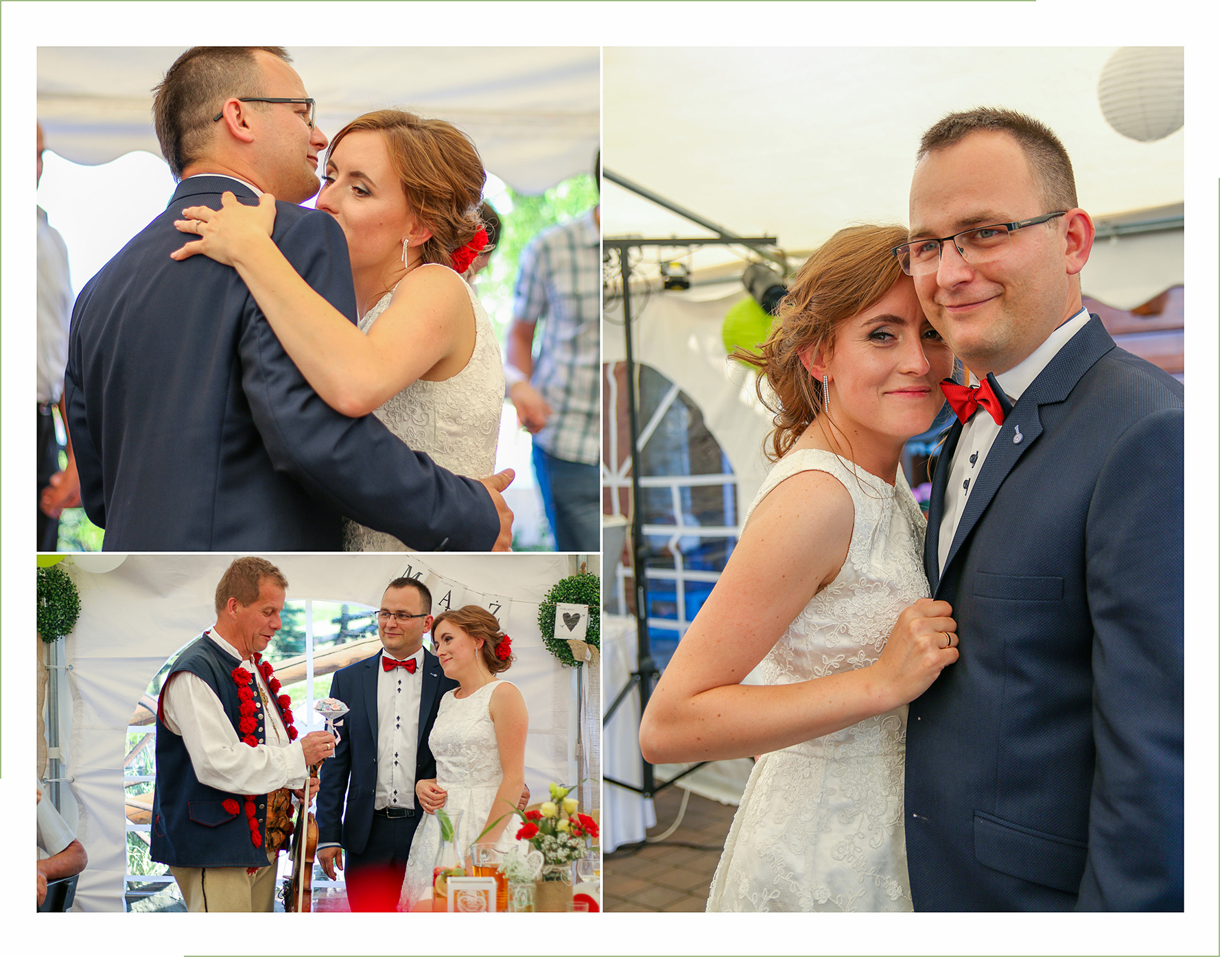 Kolaż zdjęć z uroczystości: Para młoda w objęciach, góralski akcent z muzykiem, uśmiechnięte portrety w plenerze.