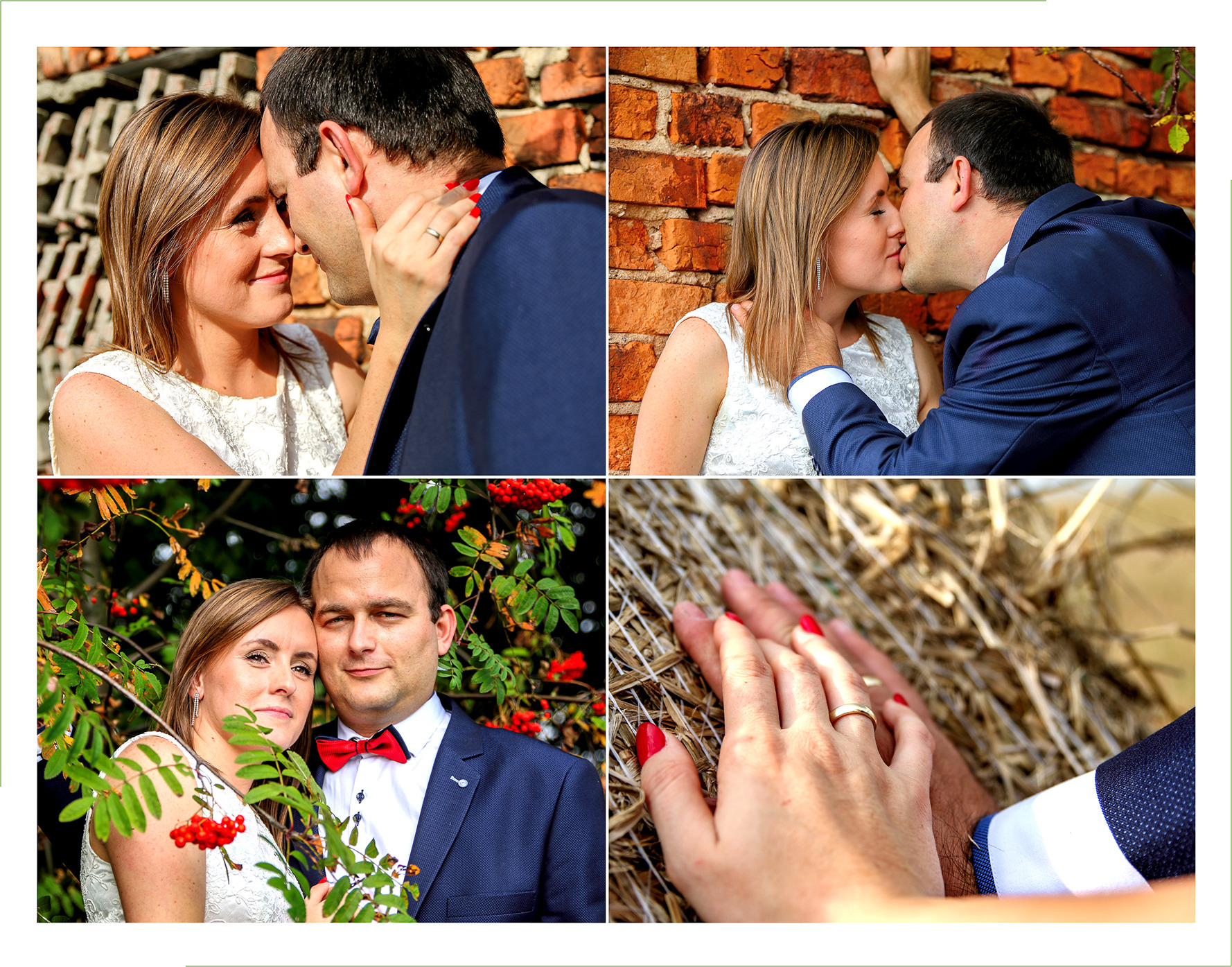 Kolaż z sesji ślubnej: para całująca się na tle ceglanej ściany, portret pary z jarzębiną oraz zbliżenie dłoni z obrączkami na tle siana.